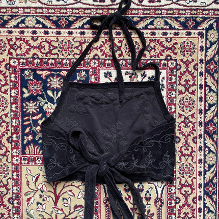 Black velvet embroidered halter top