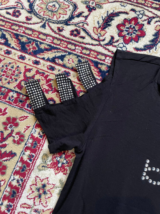 Bebe bedazzled swarovski crystals cutout shoulders tee