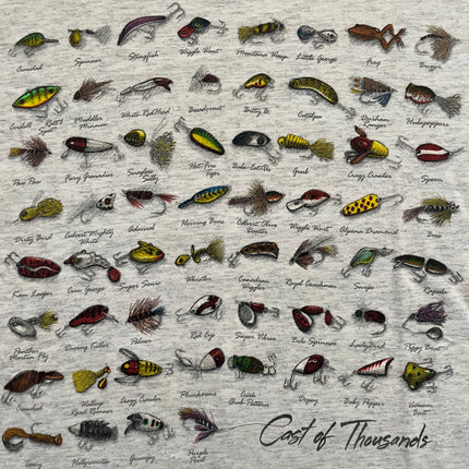 Single-stitched cast of thousands fishing bait tee
