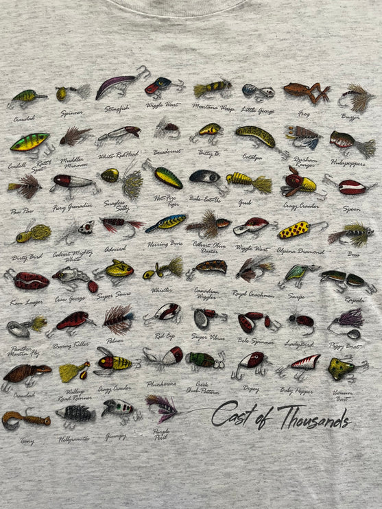 Single-stitched cast of thousands fishing bait tee