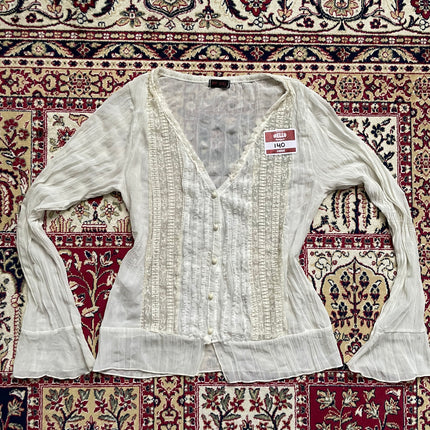 Sheer white ruffle button-up
