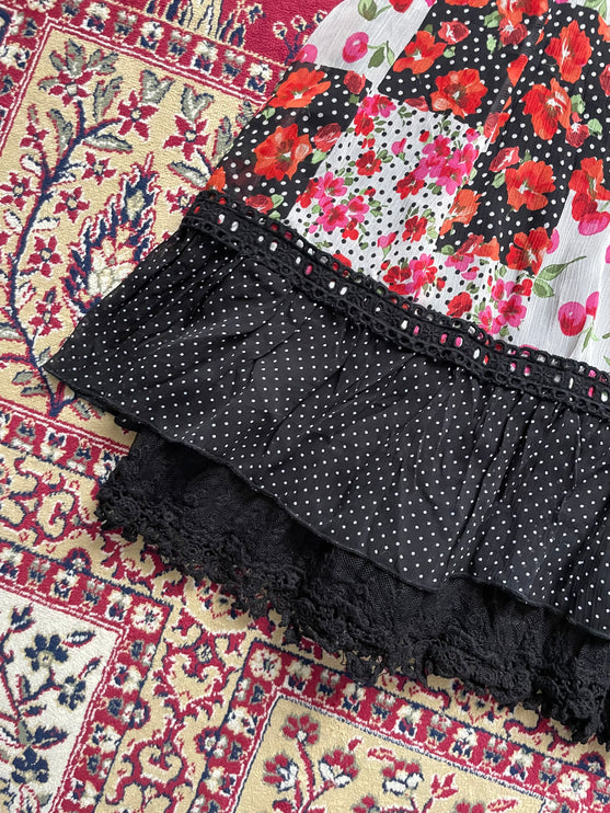 Floral checkered double lace trim dress