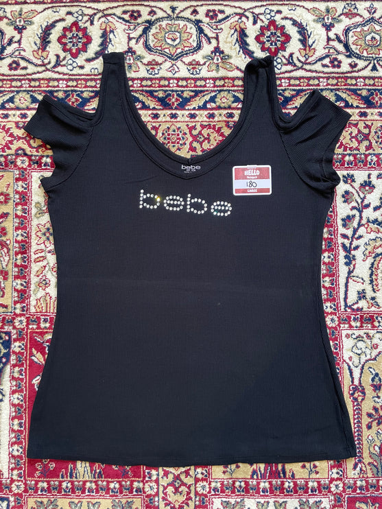 Bebe Swarovski logo ribbed shoulder cut-out tee