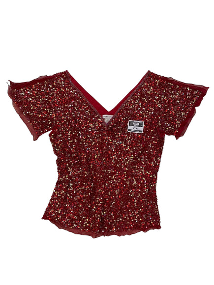 Red heavily beaded andré oliver top