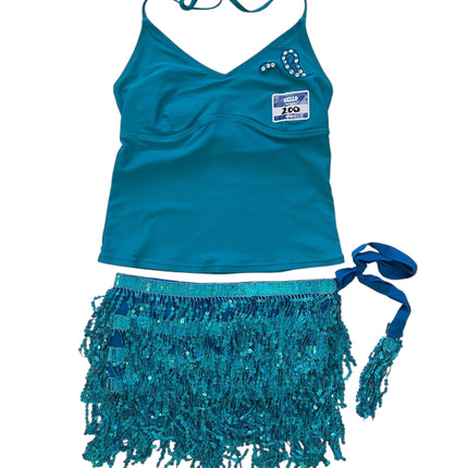 Blue tankini top and sequins coverup skirt set