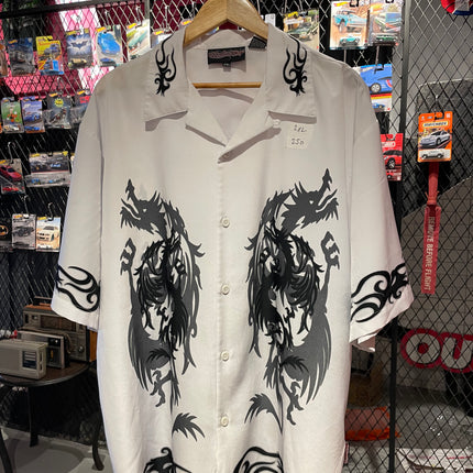 White and Black dragon print bowling shirt