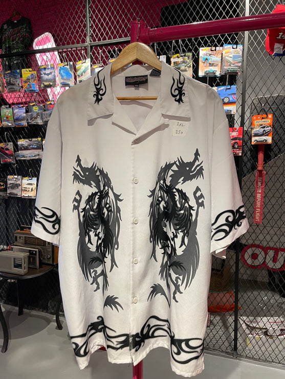 White and Black dragon print bowling shirt