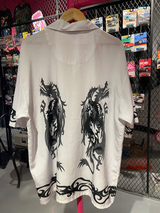 White and Black dragon print bowling shirt