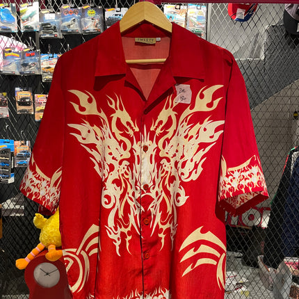 Red and Cream Dragon printed bowling shirt