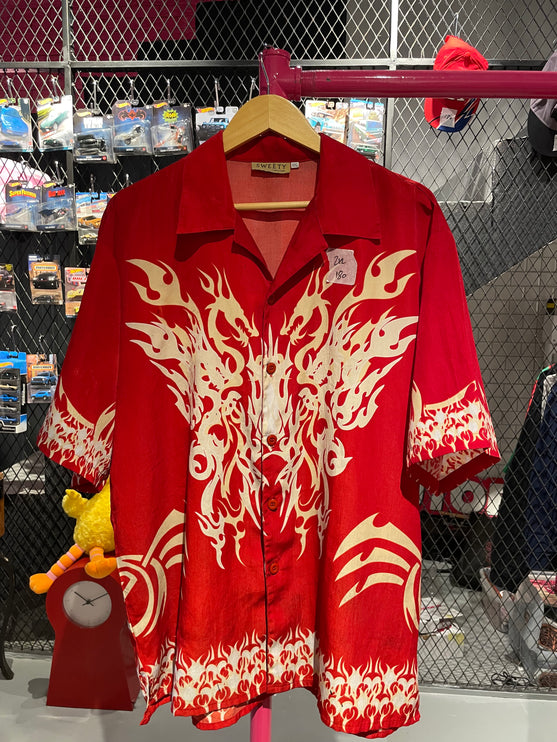 Red and Cream Dragon printed bowling shirt