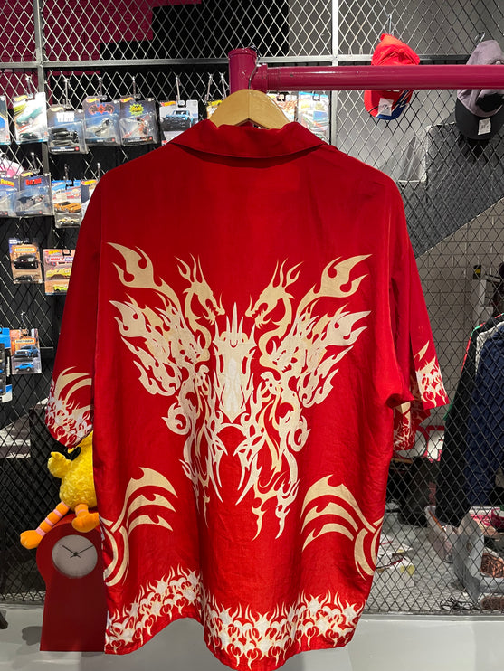 Red and Cream Dragon printed bowling shirt