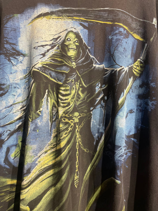 green and blue grim reaper tee