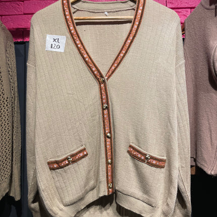 Brown Cardigan With Floral Trim