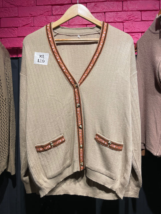 Brown Cardigan With Floral Trim