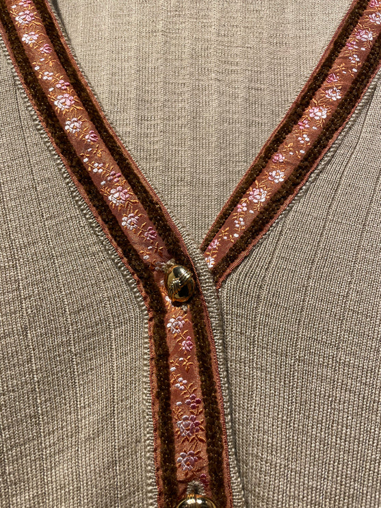 Brown Cardigan With Floral Trim