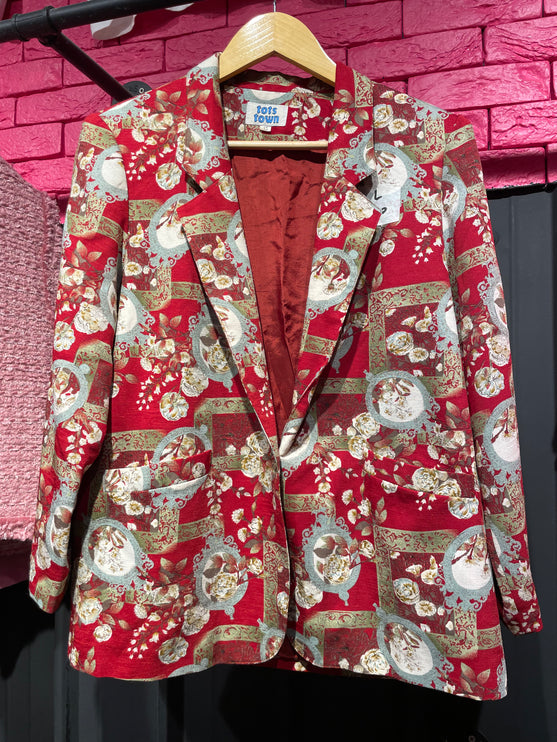 90s red floral blazer with shoulder pads