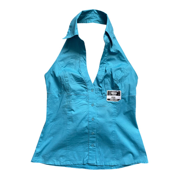Blue halter neck button up shirt