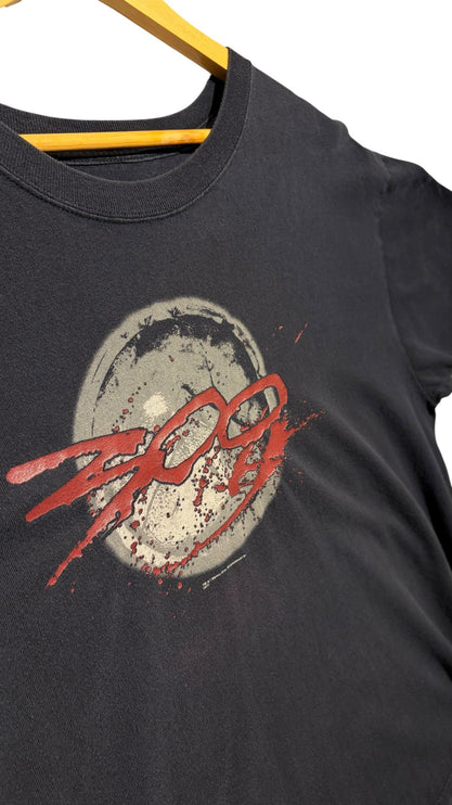 OutOf10 black cotton crewneck t-shirt featuring a distressed 300 movie logo and weathered shield graphic