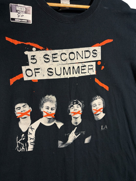 OutOf10 black cotton 5 Seconds Of Summer band tour t-shirt with orange and white graphic portrait and crew neck