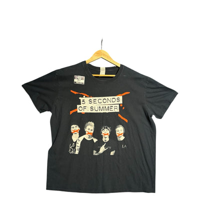 OutOf10 black cotton 5 Seconds of Summer band tour t-shirt with iconic portrait graphic and red tape design