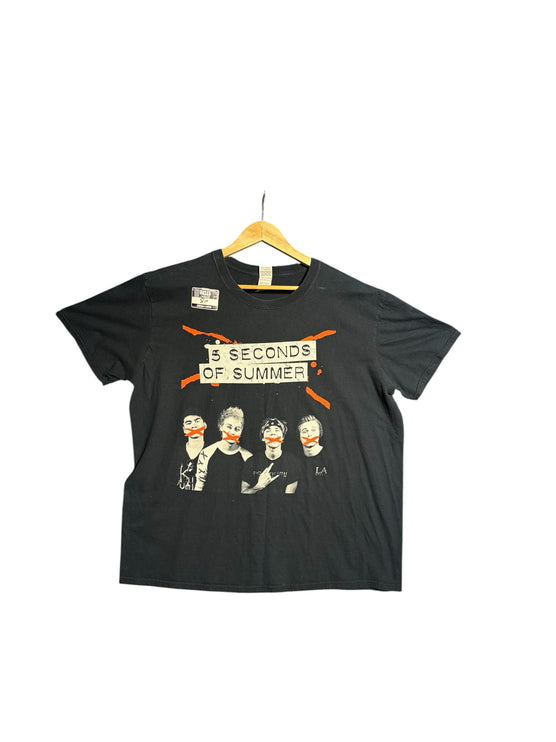 OutOf10 black cotton 5 Seconds of Summer band tour t-shirt with iconic portrait graphic and red tape design