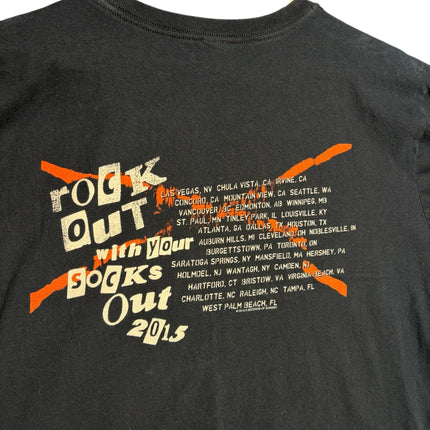 OutOf10 black cotton 5 Seconds of Summer 2015 tour t-shirt featuring orange and white back graphic with city list