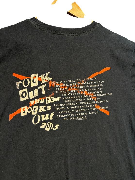 OutOf10 black cotton 5 Seconds of Summer 2015 tour t-shirt featuring orange and white back graphic with city list