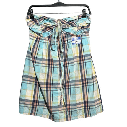 OutOf10 Aca Joe strapless mini dress in light blue, yellow, and white plaid with a front tie and smocked back.