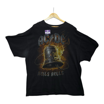 OutOf10 black cotton AC/DC Hells Bells graphic t-shirt featuring a flaming bell design on a wooden hanger