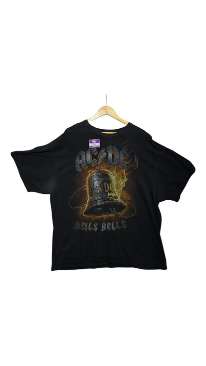 OutOf10 black cotton AC/DC Hells Bells graphic t-shirt featuring a flaming bell design on a wooden hanger
