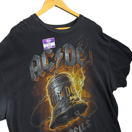 OutOf10 black cotton t-shirt featuring an AC/DC Hells Bells graphic with a flaming bell design on a wooden hanger.