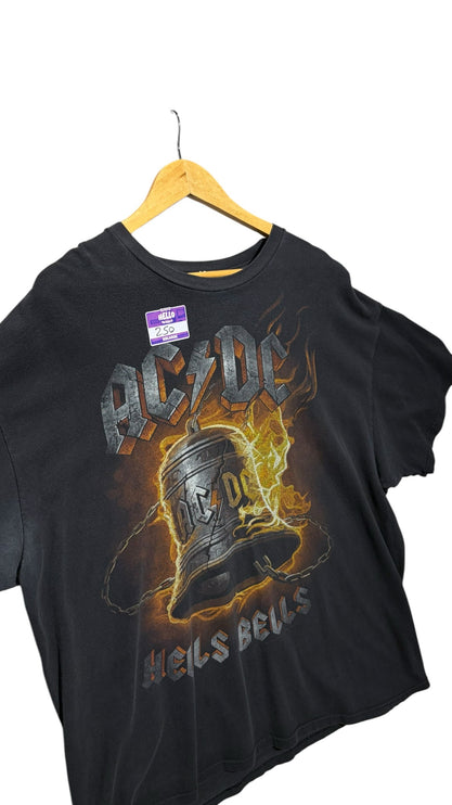 OutOf10 black cotton t-shirt featuring an AC/DC Hells Bells graphic with a flaming bell design on a wooden hanger.