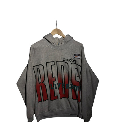 OutOf10 heather grey adidas Liverpool FC hoodie with a red-to-black gradient REDS graphic on the front