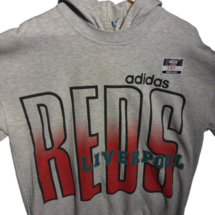 OutOf10 vintage heather grey adidas Liverpool FC hoodie with red and black gradient REDS graphic on the front.