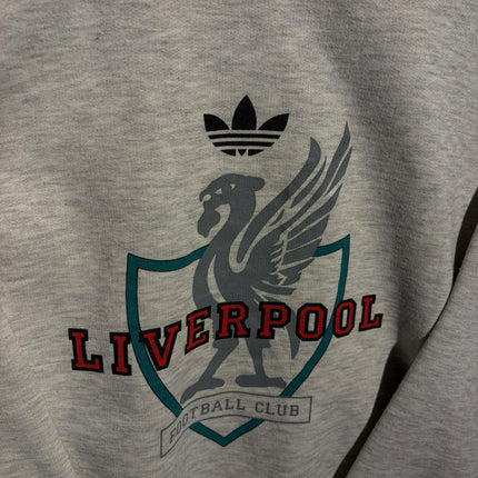 OutOf10 adidas Liverpool FC heather grey hoodie featuring the club crest and trefoil logo on the chest