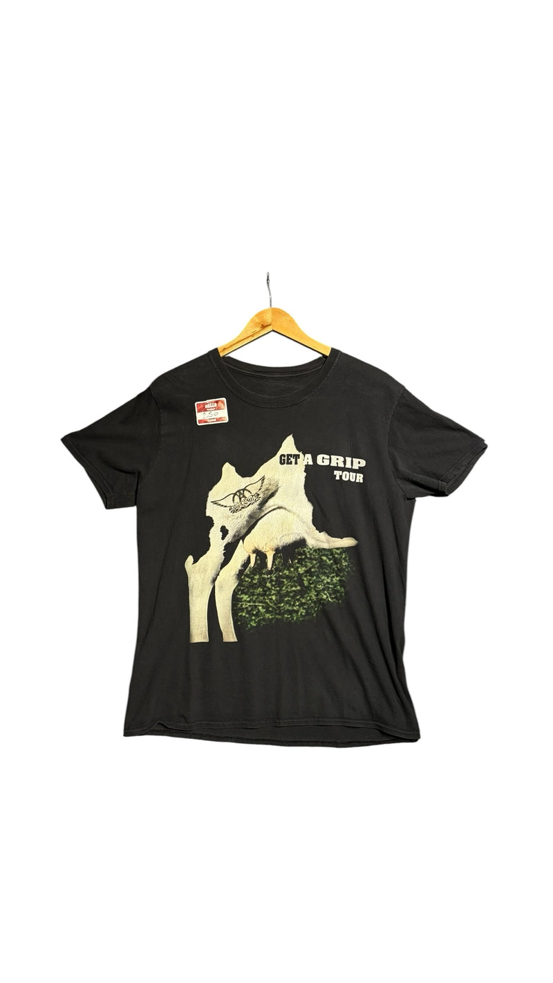 OutOf10 vintage black Aerosmith Get A Grip tour graphic t-shirt with iconic cow print on soft cotton fabric