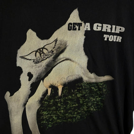 OutOf10 vintage black Aerosmith Get a Grip tour t-shirt featuring the iconic cow graphic and winged logo on cotton