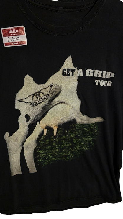 OutOf10 vintage black Aerosmith Get a Grip tour t-shirt featuring the iconic cow graphic and winged logo on cotton
