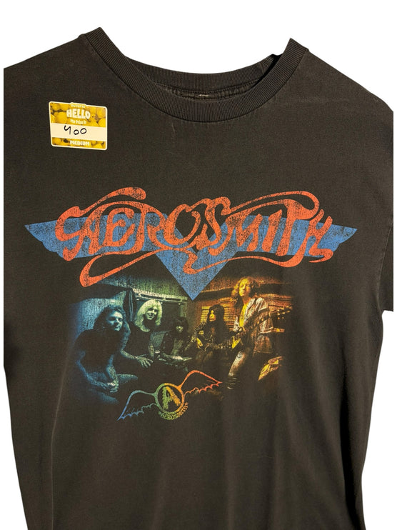 OutOf10 black Aerosmith 2002 vintage graphic band t-shirt with crew neck and classic rock concert print