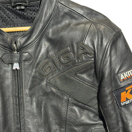 OutOf10 AKITO black leather motorcycle jacket with textured panels, front zipper, and sport-inspired branding.