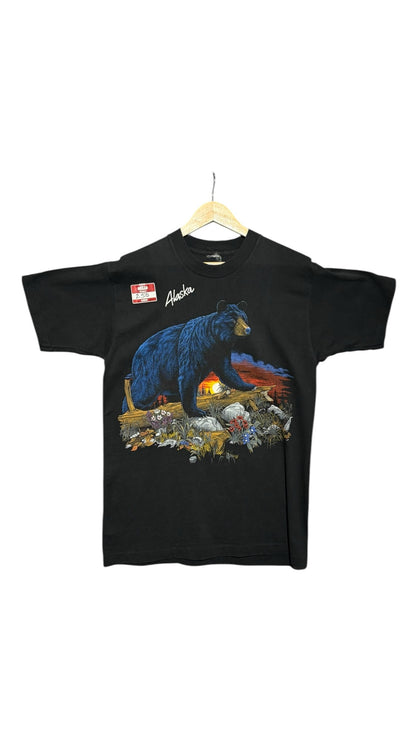 OutOf10 black cotton t-shirt featuring a vintage Alaska graphic with a black bear in a sunset landscape
