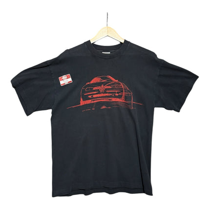 OutOf10 black cotton t-shirt featuring a red Alfa Romeo car sketch graphic on the front with a crew neck design.