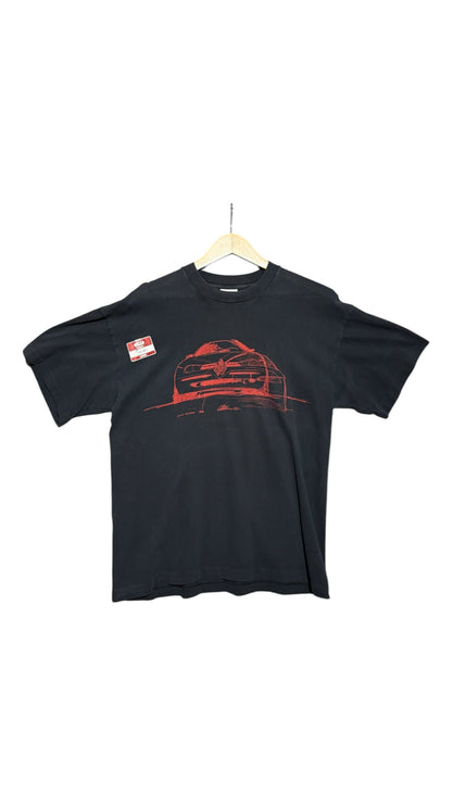 OutOf10 black cotton t-shirt featuring a red Alfa Romeo car sketch graphic on the front with a crew neck design.