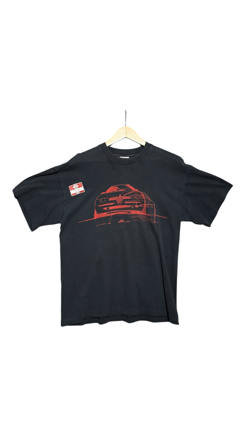 OutOf10 black cotton t-shirt featuring a red Alfa Romeo car sketch graphic on the front with a crew neck design.