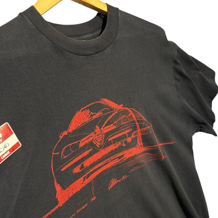 OutOf10 black cotton t-shirt featuring a red hand-drawn sketch of a vintage Alfa Romeo car on a wooden hanger.