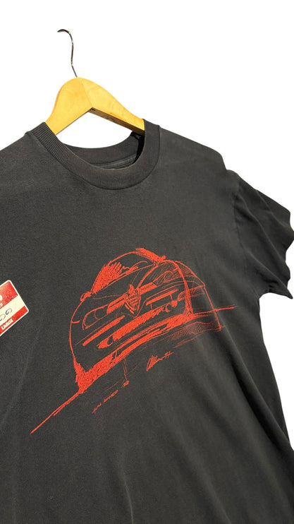 OutOf10 black cotton t-shirt featuring a red hand-drawn sketch of a vintage Alfa Romeo car on a wooden hanger.