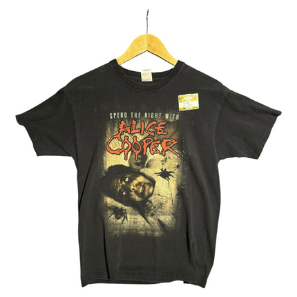 OutOf10 black cotton Alice Cooper concert t-shirt featuring a vintage graphic print with red lettering and spiders.