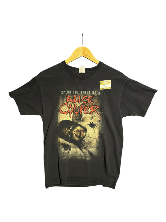OutOf10 black cotton Alice Cooper concert t-shirt featuring a vintage graphic print with red lettering and spiders.