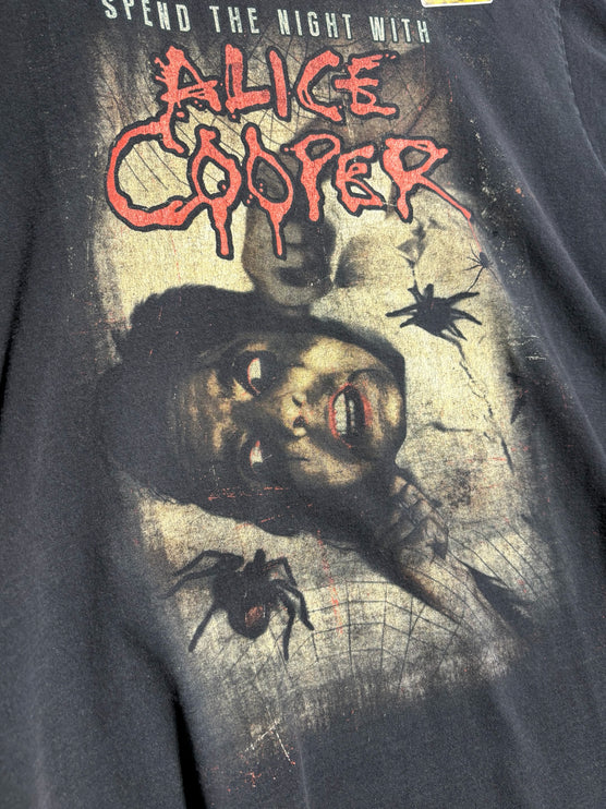 OutOf10 black cotton t-shirt featuring a vintage Alice Cooper Spend The Night With graphic print with spiders