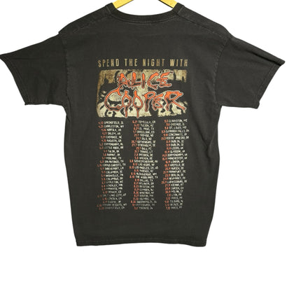 OutOf10 black cotton Alice Cooper concert tour t-shirt with red and gold tour dates printed on the back